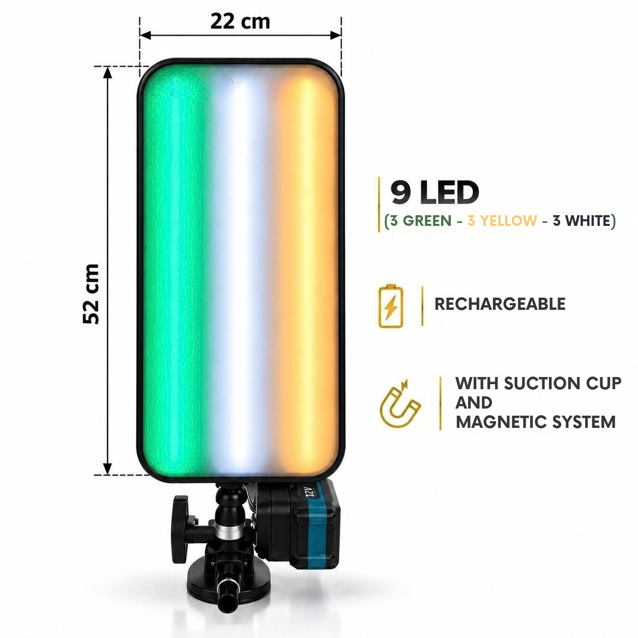 9 LED Rechargeable PDR Dent Inspection Light – Green, White & Yellow